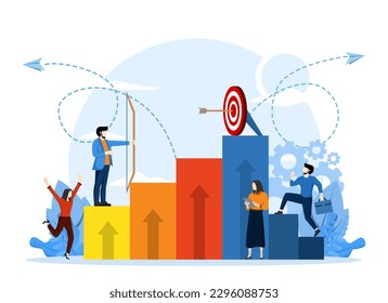 business success concept through growth chart chart. Small people work together to drive business goals. Achievements win business, ambition. marketing audits. Flat vector illustration.