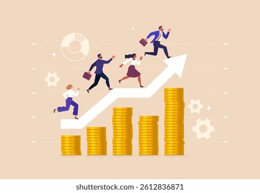 Business Success Concept. Vector cartoon illustration of a group of diverse people in business suits running on a growing graph of stacked coins. Isolated on background 