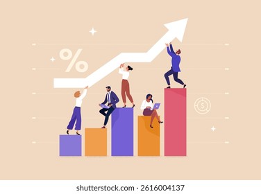 Business Success Concept. Vector cartoon illustration of a group of diverse people in business suits working on improving a financial chart by moving the arrow up. Isolated on background.