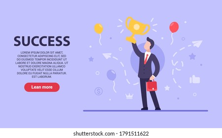 Business success concept. Vector flat businessman stands with a bag and holds the cup in his hands because he achieved success and received a profitable deal. Can be used on websites and web banners.