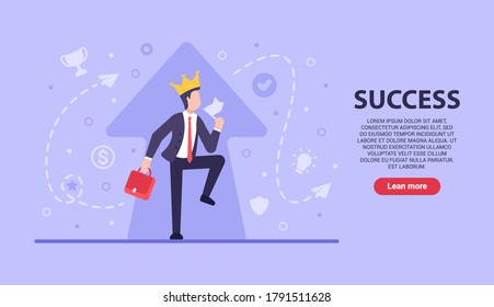 Business success concept. Vector flat businessman shows that he is happy because he made a huge profit. Up arrow that shows business growth. Web banner on websites and smartphones. Case with money.