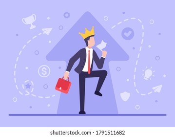 Business success concept. Vector flat businessman shows that he is happy because he made a huge profit. Up arrow that shows business growth. Web banner on websites and smartphones. Case with money.