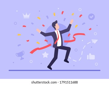 Business success concept. Vector flat businessman runs and breaks the red ribbon. A large amount of candy as a sign of victory and profit. Web banner on websites and smartphones. EPS 10.
