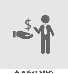 Business success concept vector icon. Businessman personal development symbol. Dollar businessman hand dollar sign. Businessman with tie pointing at dollar in hand.