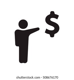 Business success concept vector icon. Businessman personal development symbol. Dollar businessman hand dollar sign. Businessman with tie pointing at dollar in hand.