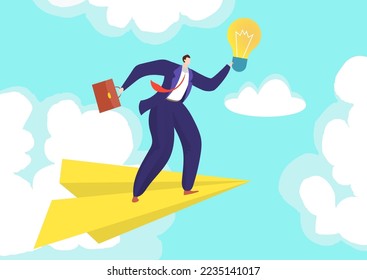 Business success concept, vector illustration, flat man character fly at paper plane, catching idea light bulb for leadership career.