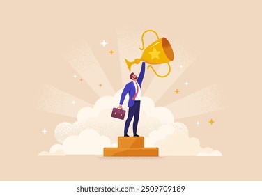 Business Success Concept (Conceito de sucesso nos negócios). Ilustração vetorial em estilo plano de um homem de terno de negócios com um copo de vencedor na mão, em pé sobre um pedestal dourado nos raios de glória. Isolado no plano de fundo 