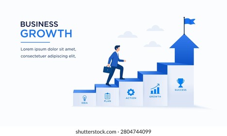 Business Success concept vector illustration with professional climbing milestone stairs toward target achievement and career advancement. Clean corporate template for presentation, business roadmap, motivation, achievement and future planning.