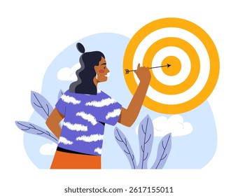 Business success concept. Woman throws arrow at bullseye. Leadership and motivation, ambitions. Achievement, award and reward. Development of business project. Flat vector illustration