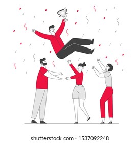 Business Success Congratulation. Businesspeople Team Tossing Up in Air Colleague with Gold Cup in Hands. Group of People Celebrating Victory Achievement. Cartoon Flat Vector Illustration, Line Art