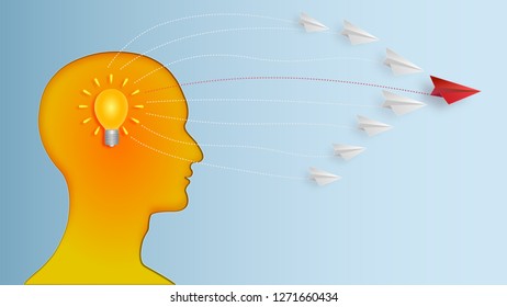 Business success design of Paper airplane white flying with brain human head as target , startup , creative idea and communication concept. vector illustration