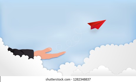 Business success design of red paper airplane flying from hand of businessman as target , startup , creative idea and communication concept. vector illustration