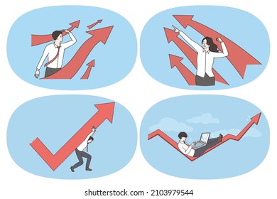 Business success and development concept. Set of business people looking ahead with developing work strategy enjoying development trying hard to save business vector illustration 
