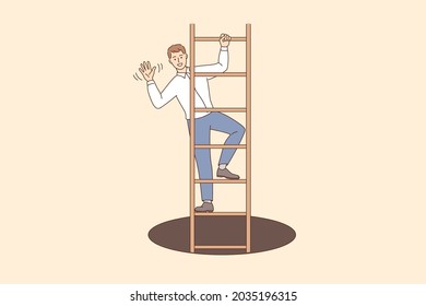 Business success and development concept. Young smiling businessman cartoon character waving hand standing on ladder climbing up vector illustration 