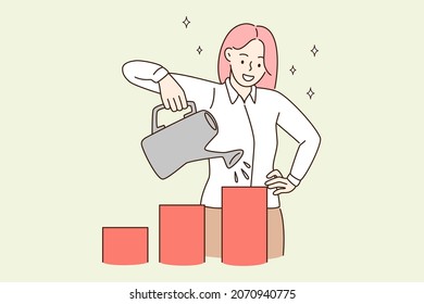 Business success and development concept. Young smiling woman cartoon character standing watering growing cubes with watering can vector illustration 