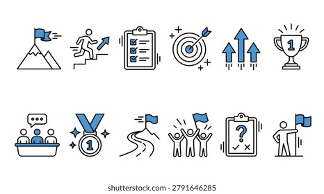 Business success element pack in a minimalist line style, featuring trophies, targets, climbing mountains, and goals.