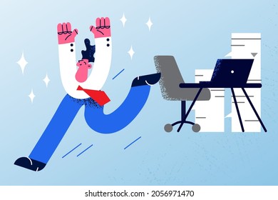 Business success, end of working day concept. Young smiling happy businessman office worker running out of office feeling great with success and working day finish vector illustration