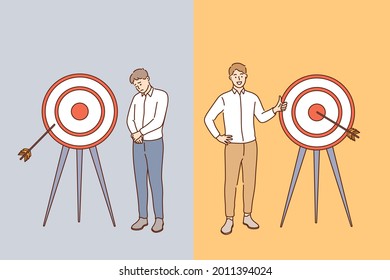 Business success and failure concept. Young smiling positive and sad disappointed businessmen cartoon characters standing near crossbow feeling different about reaching goals vector illustration 