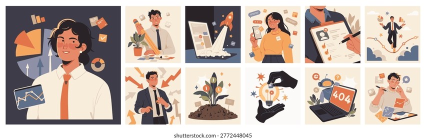 Business success and failure set, flat cartoon characters with startup, contract, error and investment concepts. Vector