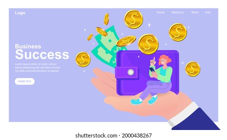 Business success. Falling gold coins and leather wallet in hand. Money rain. Golden coins with dollar sign. Growth, income, earnings, savings, investment. Symbol of wealth. concept of online payments.
