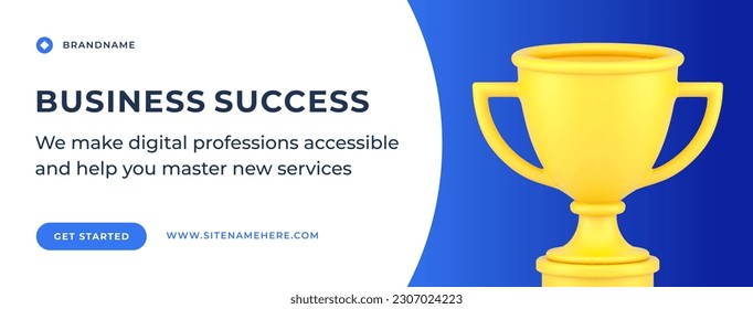 Business success financial award management optimization achievement social media banner template 3d icon vector illustration. Golden cup corporate challenge marketing creative leadership strategy