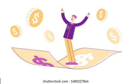 Business Success, Financial Freedom Concept. Cheerful Businessman Rejoice Flying Forward On Money Carpet With Dollar Sign In Sky. Racing To Financial Stability, Challenge. Linear Vector Illustration