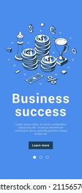 Business success financial profit cash money coin and cup award achievement mobile banner isometric vector illustration. Successful marketing victory celebrating career ambition target satisfaction