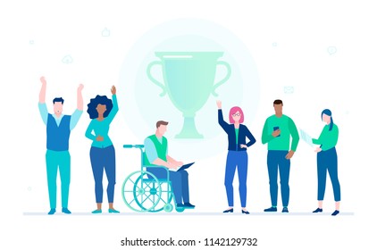 Business success - flat design style illustration on white background. A composition with office workers standing next to a cup, celebrating the victory. Disabled person working with a laptop