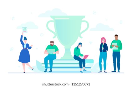 Business success - flat design style illustration on white background. A composition with office workers standing, sitting next to a big cup, working with laptops. Productive teamwork concept