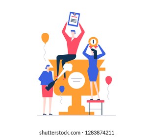 Business success - flat design style colorful illustration on white background. A composition with team, male, female employees on a champion cup, prize, celebrating victory, holding diploma, badge