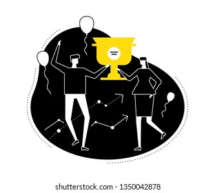 Business success - flat design style vector illustration. Black, yellow and white composition with man and woman, employees holding a champion cup, prize, celebrating victory. Images of balloons