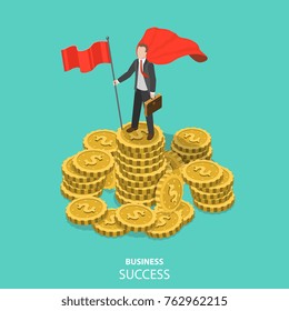 Business success flat isometric vector concept. Businessman dressed with superhero cloak with flag in his hand is standing on the pile of the coins.