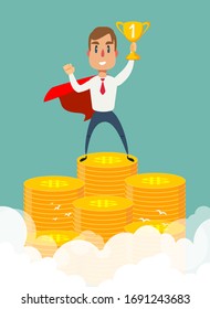 Business success flat vector concept. Businessman dressed with superhero cloak is standing on the pile of the coins.