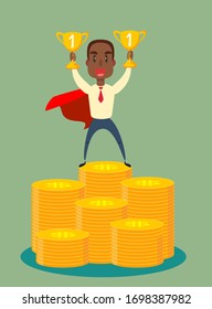 Business success flat vector concept. Businessman dressed with superhero cloak is standing on the pile of the coins.