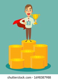 Business success flat vector concept. Businessman dressed with superhero cloak is standing on the pile of the coins.