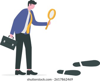 Business success footprint, aim high growth and surpass with bigger steps or career path or working skill development concept, smart businessman using magnifying glass investigating bigger foot steps.