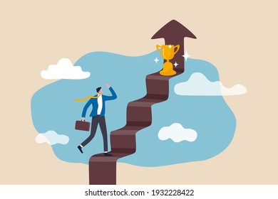 Business success, goal and achievement concept, businessman walking up staircase with rising arrow into high sky to find winning trophy at the final top section.