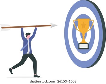 Business success, goal and achievement concept, businessman walking up staircase with rising arrow into high sky to find winning trophy at the final top section.

