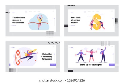 Business Success Goal Achievement and Confrontation Website Landing Page Set. Office Employees Fighting, Race Competition, Punch Target with Jetpack Web Page Banner. Cartoon Flat Vector Illustration