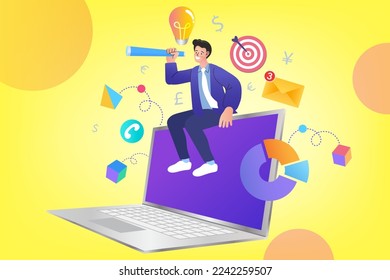Business success, goal and achievement. find new investments. man using telescope on laptop. video conference with colleagues. Videoconferencing and online meeting workspace. Vector flat illustration.