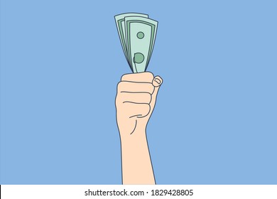 Business, success, goal achievement, wealth, money, banking concept. Businessman clerk manager hand holding cash dollar fan. Reaching purposes successful investment and currency profit illustration.