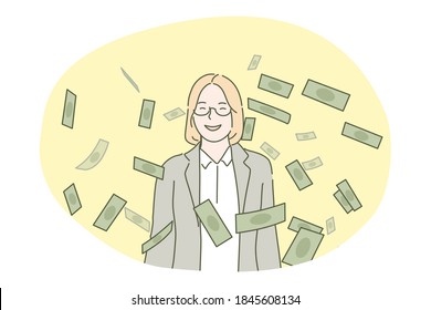 Business, success, goal achievement, wealth, money concept. Happy rich businesswoman manager standing with cash dollar falling around. Accomplishment currency capital profit successful investment.