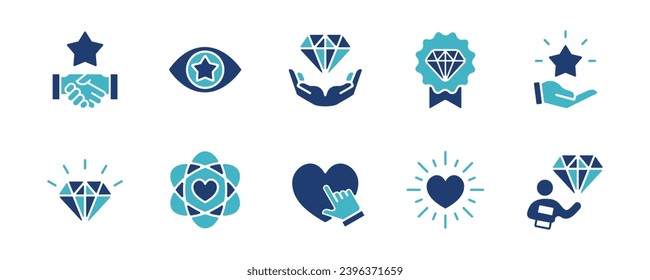 business success goal core value icon set with a diamond gemstone, shining star, and love care vector illustration. Containing passion, trust, commitment, ethic, empathy, integrity, and responsibility