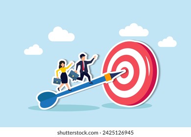 Business success, goals achieved, career growth concept, confidence businessman and businesswoman working team running up archer arrow which hitting bullseye target.