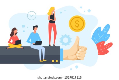 Business success, good job, positive evaluation. Group of people standing and sitting with laptops on human hand with thumbs up gesture. Like concept. Modern flat design. Vector illustration