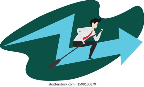 Business success and growth concept. men paddle passionately towards success targets. flat design vector ilustration