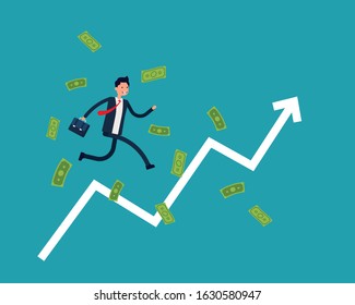 Business success & growth concept. Running and rising on a growing chart curve arrow surrounded by flying dollar banknote