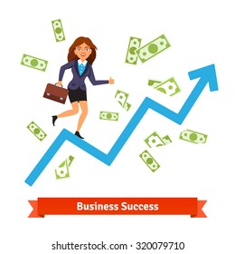 Business success & growth concept. Woman in suit running and rising on a growing chart curve arrow surrounded by flying dollar banknotes. Flat style vector illustration isolated on white background.