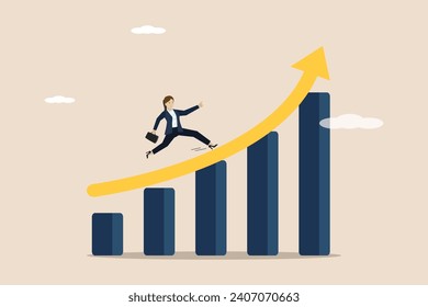 Business success growth, investment growth, getting more profits, successful businessman climbing exponential growth graph.