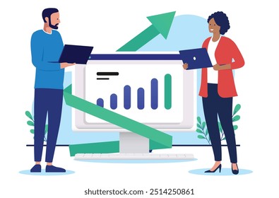 Business success and growth - Two people standing in front of rising chart and graph on computer screen. Flat design vector illustration on white background